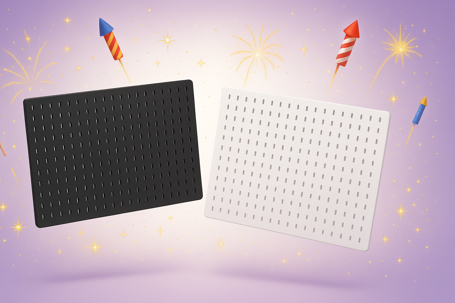 Ikea pegboards of color black and white with each sizing 30 inch width and 20 inch height floating in air. background color is gradient of light purple and white color. the white color should be in center. there should also be signs of celebrations like sparkles and rockets. the picture size should be what a shopify banner size is 1000mm x 500mm 